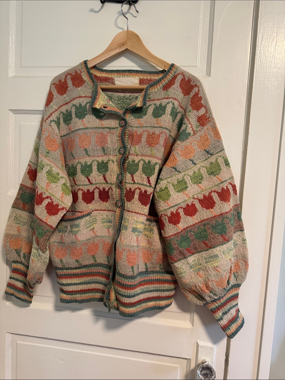 Vintage Cozy Multi-Color Tulip Pattern Button-Up Cardigan Sweater